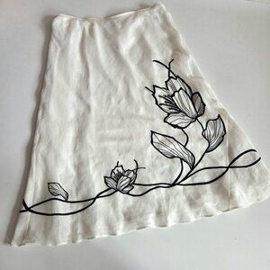 Windsmoor linen silk blend maxi light beige skirt with black floral embroidery